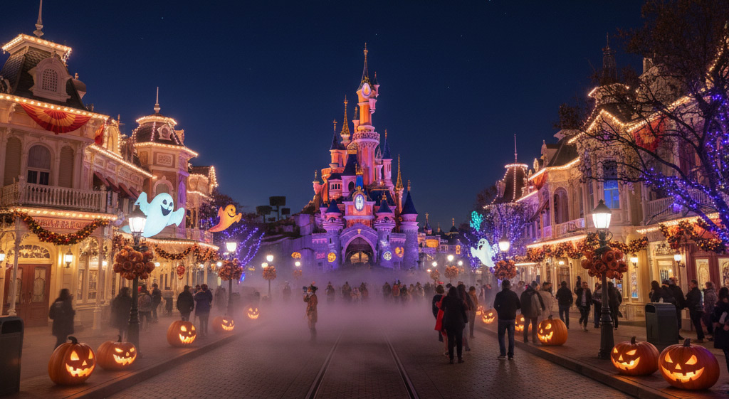 Halloween Busreisen nach Disneyland Paris – beleuchtete Main Street mit Kürbissen, Geistern, Nebel und Schloss bei Nacht